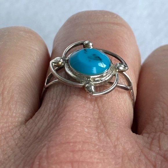 Sterling Silver 925 Faux Turquoise Modern Ring Floral Pinwheel Size 7 Openwork - Picture 5 of 10